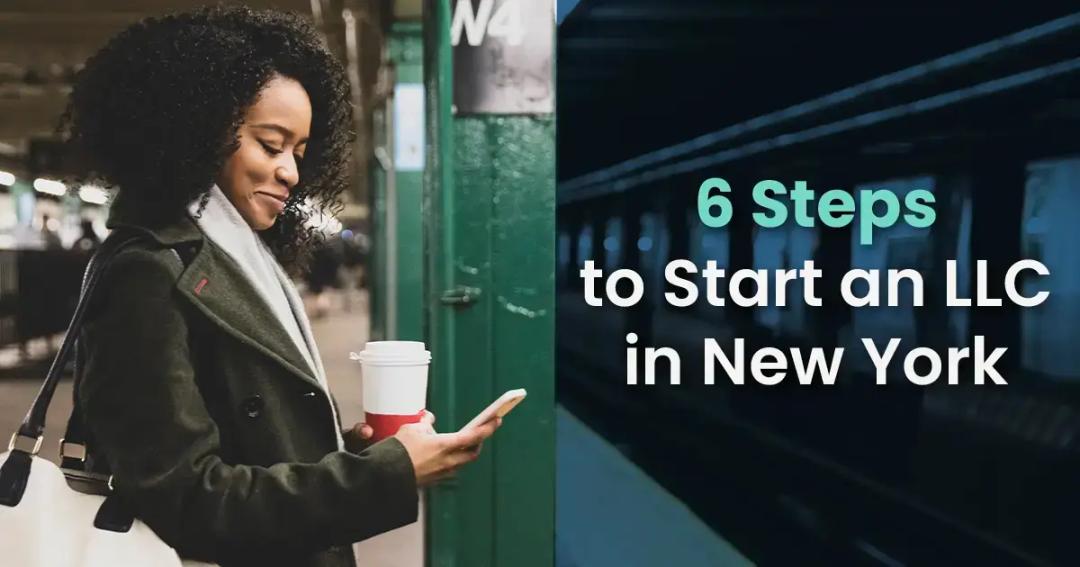 Woman using phone beside subway train, with text "6 steps to start an llc in new york" on right side.