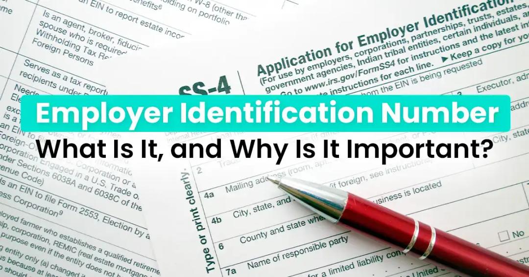 Text overlay "employer identification: what is it, and why is it important?" on background of various tax forms and a red pen.