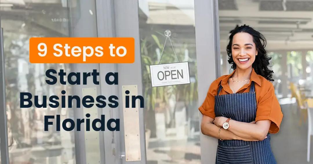 Woman with an apron smiling in front of a business with a sign reading "9 steps to start a business in florida" and "now open.